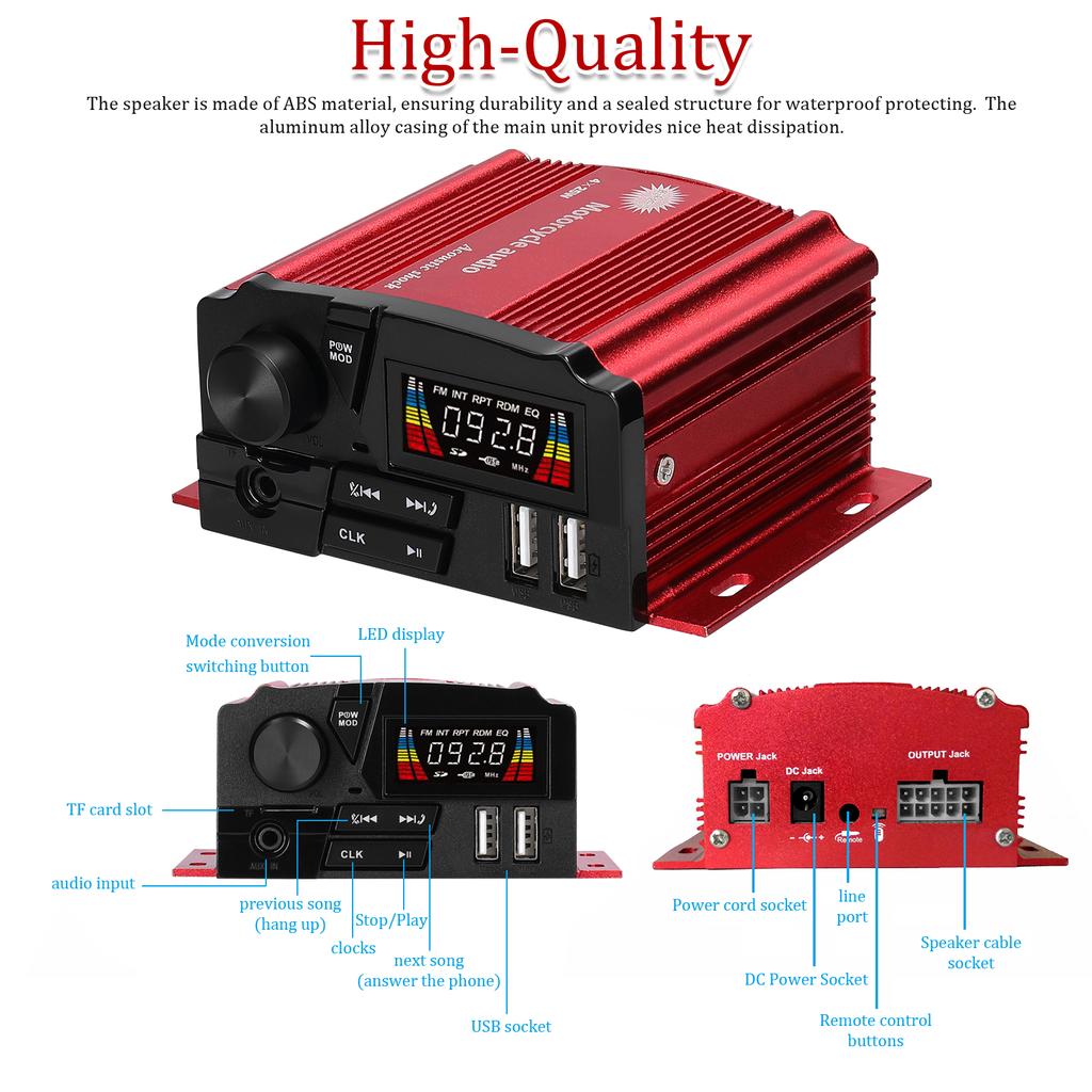 Motorcycle Anti Theft Speaker BT MP3 Player 4 Channel Audio Stereo Amplifier System with LCD Display 4pcs 3 Inch