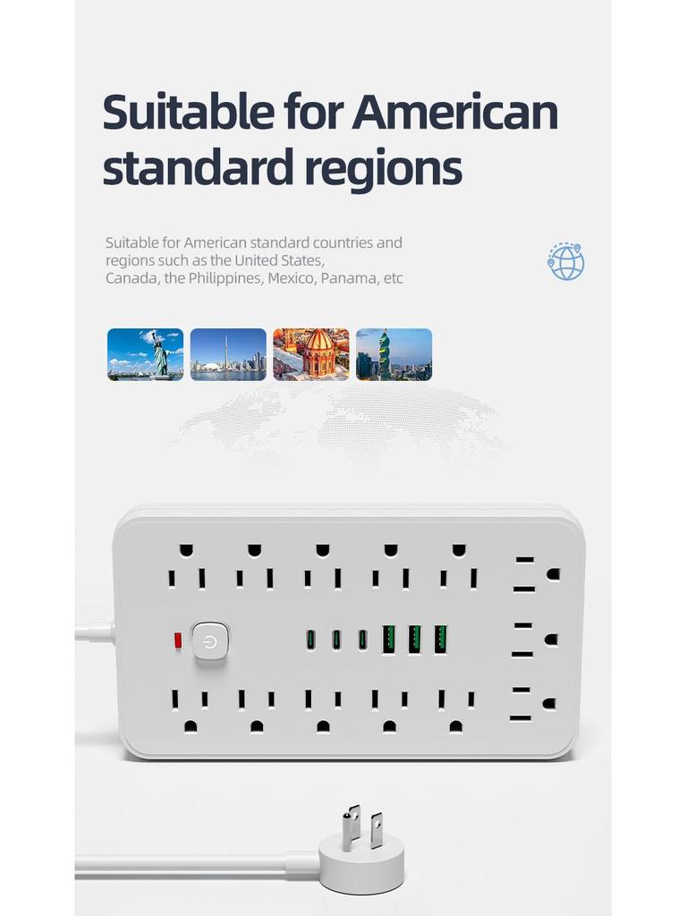 19-in-1 Multifunctional Power Strip with 3 USB Ports and US Plug Adapter for Mexico, Taiwan, Canada
