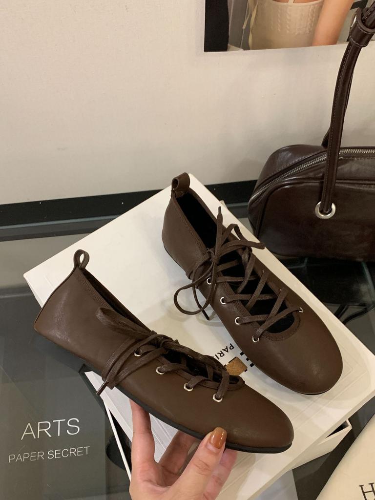 2025 spring new women's shoes lace-up gentle ballet style flats casual flat heels soft small leather shoes women