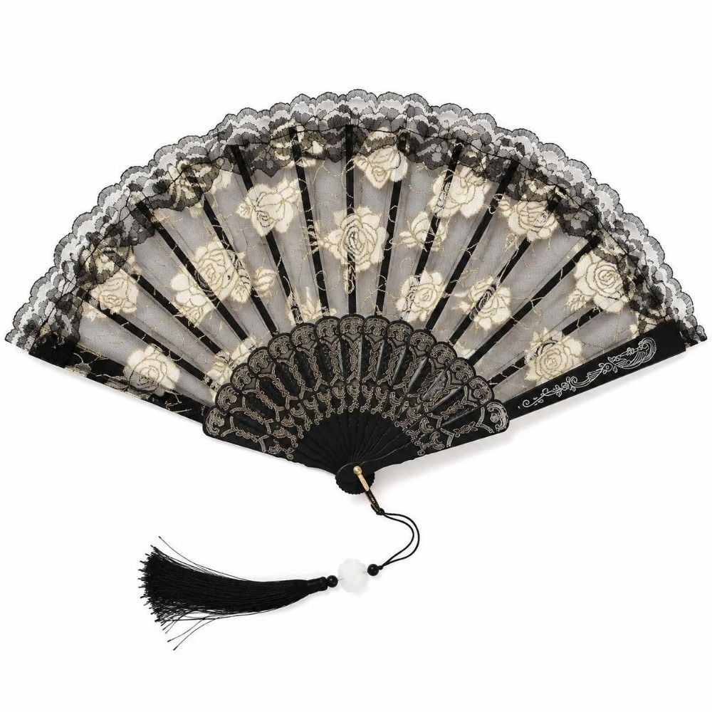 4pcs Lace Hand Fan Black Rose Lace Fan New Folding Fan  Wedding Dancing Costume Events