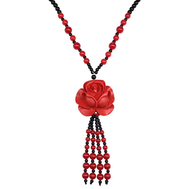 New Vintage Versatile Red Cinnabar Sweater Chain Natural Long Female Rose Necklace Pendant Accessories