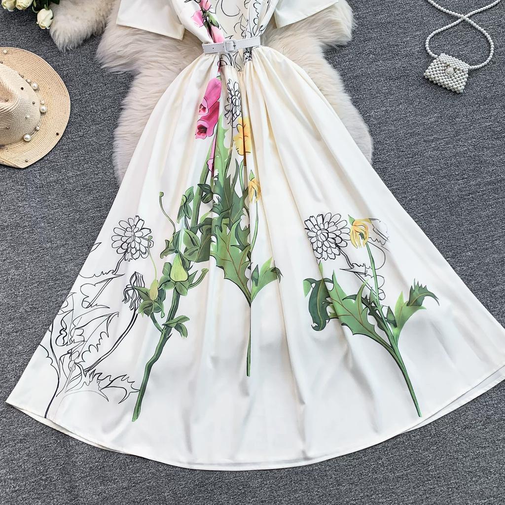 2026 New Summer Women Floral Print Short Sleeve Midi Long Elegant Gorgeous Bridesmaid Cocktail Party Dress with Round Neck