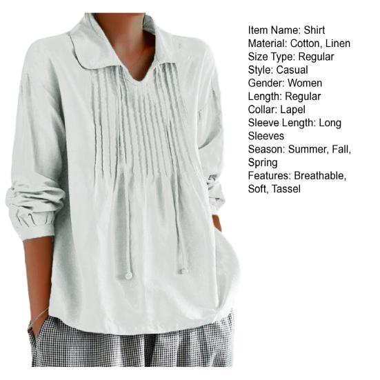 Women Spring Shirt Turn-down Collar Tassel Solid Color Loose Soft Pleated Pullover Casual Breathable Lady Daily Top