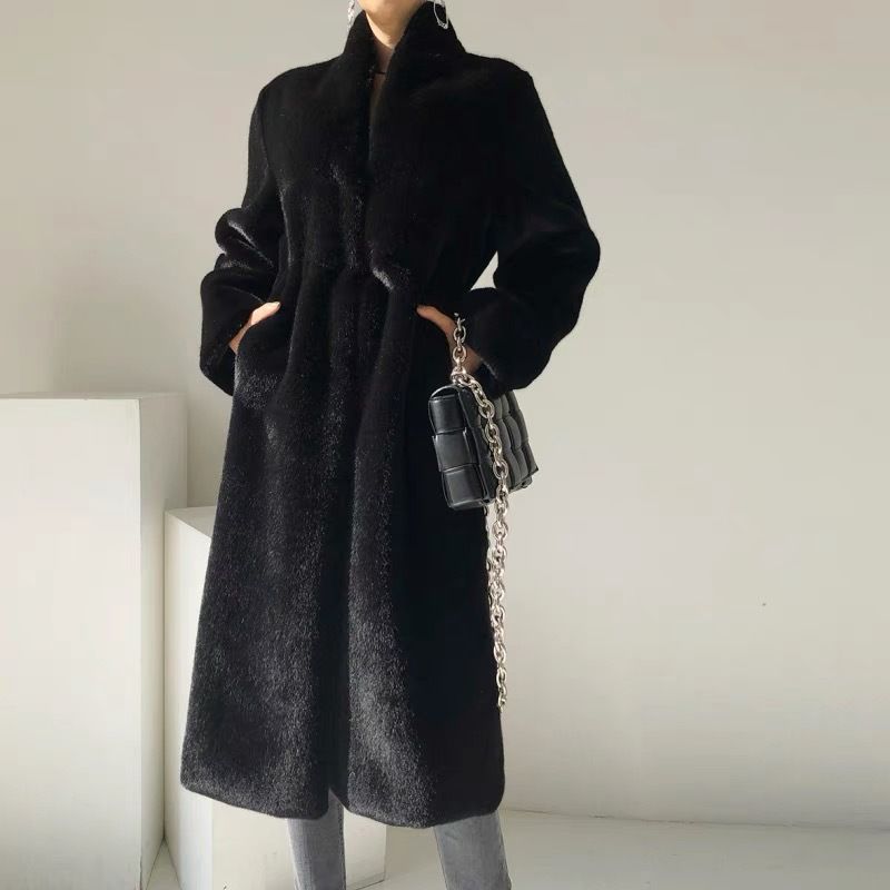 

Plush Jacket Female Stuffed Outwear Stand Collar Winter New Arrival Black Mid-Length Mink-like Wool Leather Fur Coat Black XL