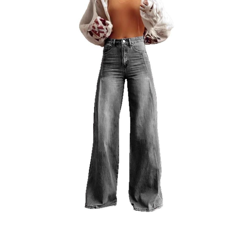 Dames Jeans met Hoge Taille en Wijde Pijpen Losse Pasvorm Denim Broeken Retro Gewassen Commuter Casual Lange Broeken