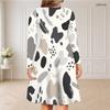Women Plus Size V Neck Long Sleeve Printed Dress White Black Gray Beige Curved Hem