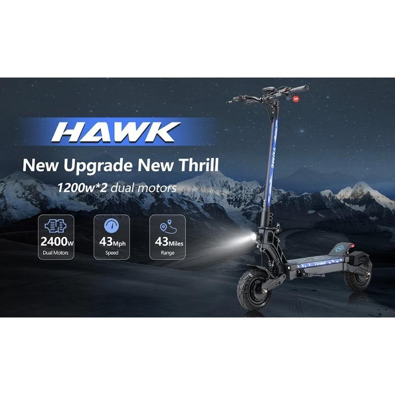 YUME HAWK Electric Scooter 10x3.15" Tubeless All-terrain Tire 1200W*2 Motor 60V 22.5Ah Battery 43mph Max Speed 43miles Max Range
