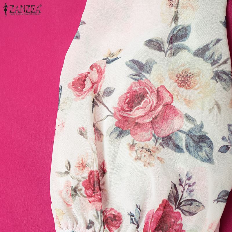 ZANZEA Women Stand Collar Floral Print Splice 3/4 Sleeve Blouse