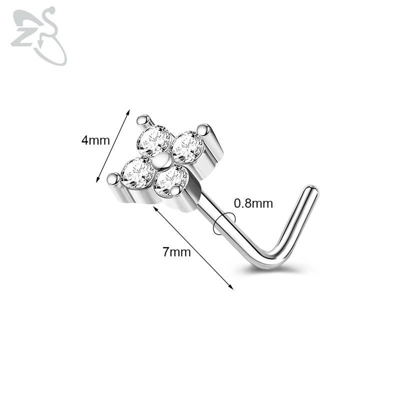 ZS 1 Piece Cute CZ Crystal Nose Stud L-Shape 20g Stainless Steel Nose Piercings Flower Moon Heart Shape Zircon Nostril Piercing