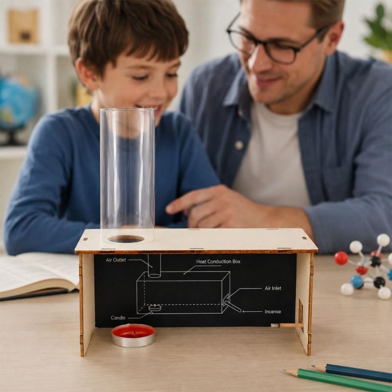 Wind Formation Demonstration Apparatus With Wooden Slotted Box and Clear Outlet Tube, Hands-On Airflow Science Activity for Classroom Learning