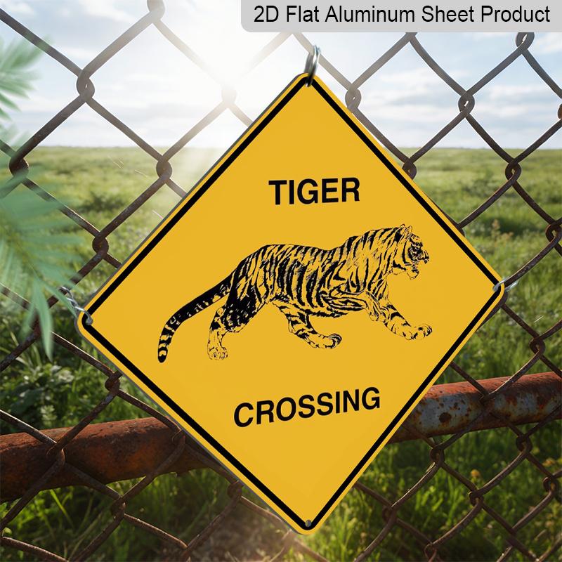 2D Flat 1pc, Funny Tiger Crossing Sign - Heavy-Duty Iron Metal Plaque with Tiger Graphic - Yellow & Warning Decoration for Home, Office, Garage, Farm
