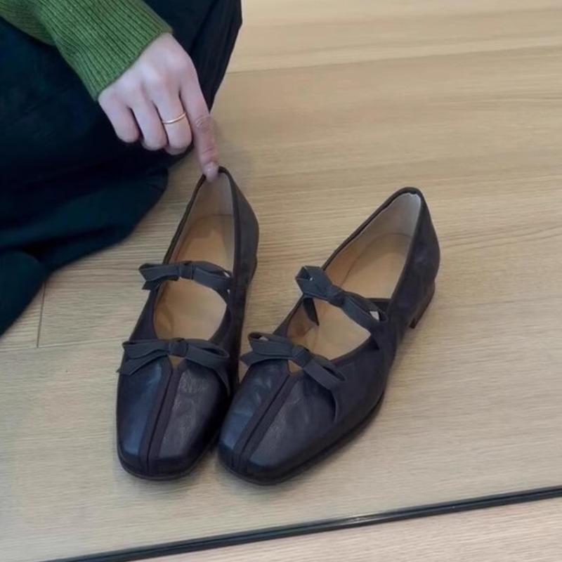 Fashion Mary Shop Spring/Autumn New Retro Women Single Shoes Ballet Bow Square Toe Medium High Heels Casual Shallow Pump Tacones Mujer