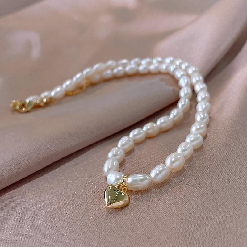 Baroque Rice Grain Freshwater Pearl Necklace Femininity Peach Heart Collarbone Chain Fashion Commuter Accessories