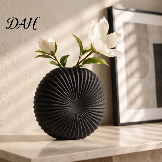 Modern Entrance Table Decor Oblate Circular Radial Texture Decorative Vase, Floral Container for Living Room Entryway, Dining Flower Vessel