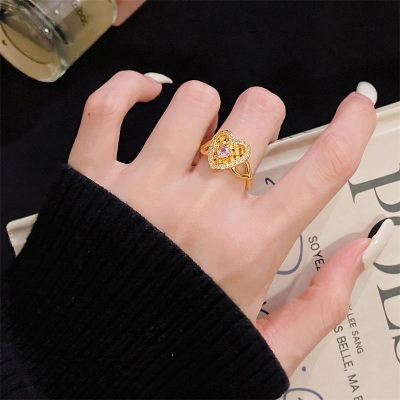 Caibao Series Light Luxury Elegant High Sense Exquisite Full Of Diamonds Zircon Flower Opening Ring Medieval Woven Index Finger Ring