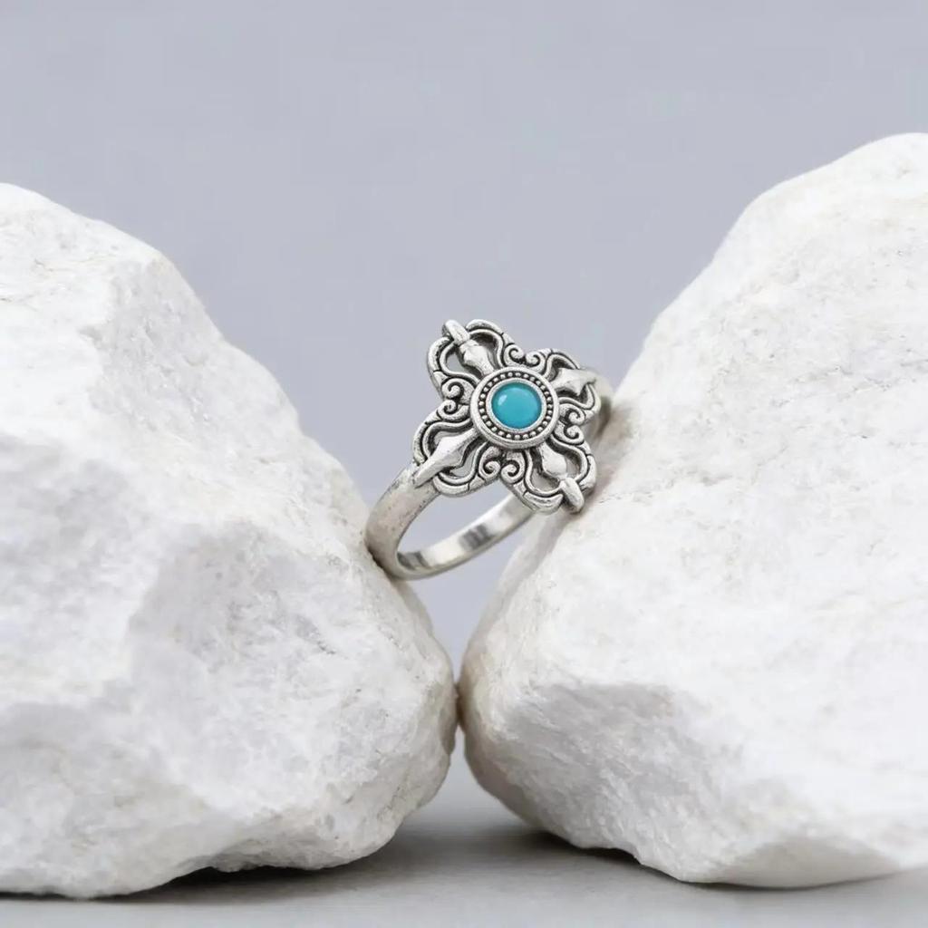 Bohemian Unisex Vintage Copper Plated Silver Ring Cross Totem Turquoise Inlaid Jewelry for Men Women Daily Wear Party Holiday