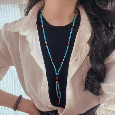 Vintage High Quality Artificial Turquoise Natural Chalcedony Collarbone Chain Necklace Sweater Chain