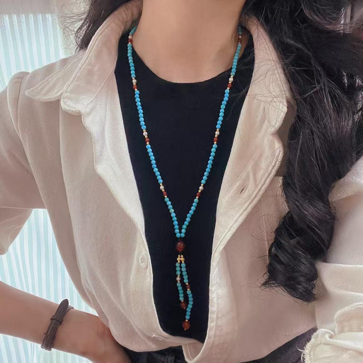 Vintage High Quality Artificial Turquoise Natural Chalcedony Collarbone Chain Necklace Sweater Chain