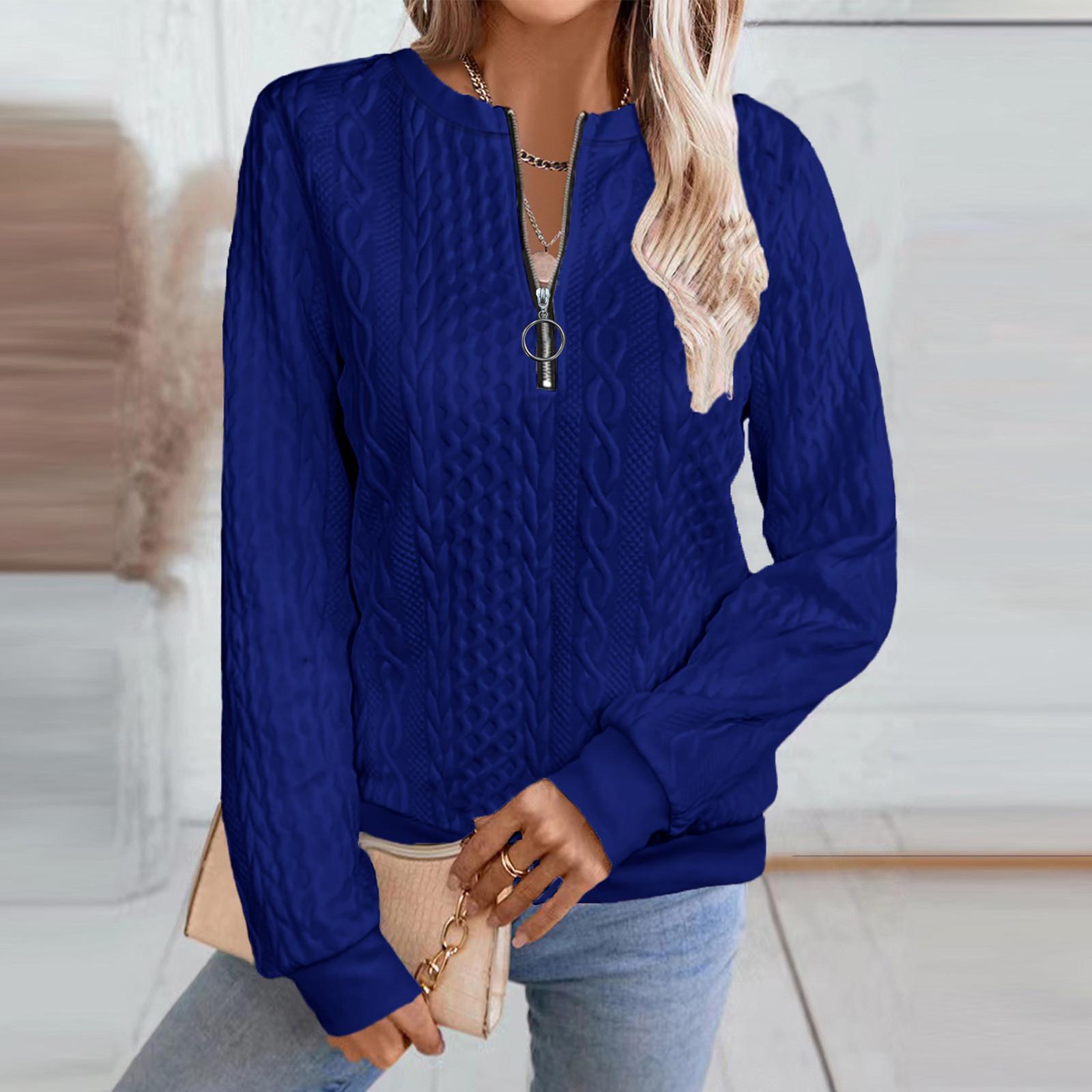 

Женская Мода С Длинным Рукавом Однотонный Повседневный Воротник Молния Длинный Рукав Толстовка L синий