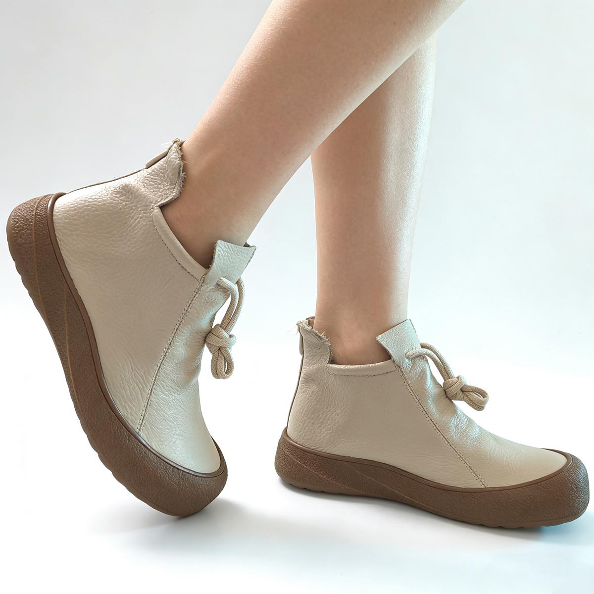 

Genuine Leather Shoes Women Ankle Boots Cow Leather Short Booties Zip Flat Non-slip Casual Soft Shoes Elegant Beige Plus Size 41 41 бежевий