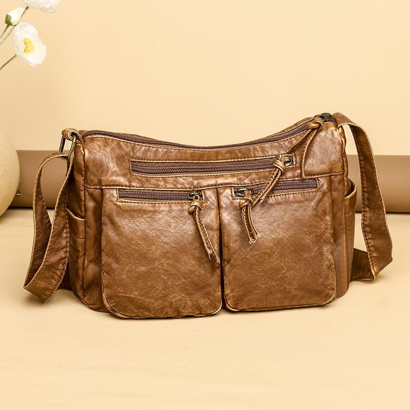 Vintage Women Shoulder Bag Large Capacity Crossbody Bag Soft Washed Leather Messenger Bag Multi Pocket Casual Tote Purse