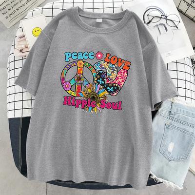 Frieden Liebe Hippie Seele Druck Damen T-Shirt Sommer Cool Kurzarm Atmungsaktive Baumwoll-Tops Straße Lockeres T-Shirt Frauen
