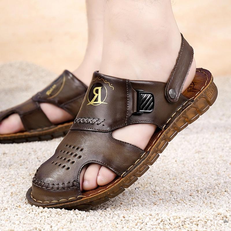 Fashion Mens Sandals Closed Toe Breathable Genuine Leather Casual Loafers Summer Outdoor Beach Sandalias Formal Office Walking Flats