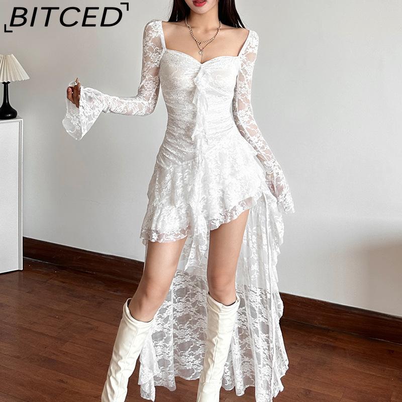 BITCED Autumn Women's Solid-Colour High-Waisted Fashion Square-Neck Long-Sleeved Lace-Panel Dress