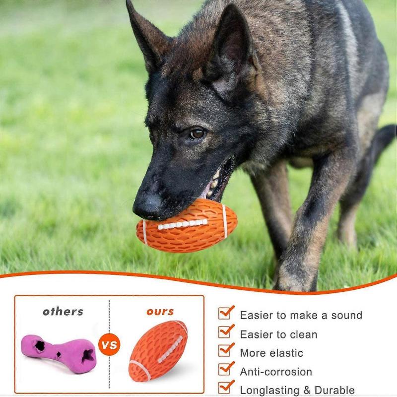 Dog Chew Squeaky Toy Ball, Dog Interactive Toy for Aggressive Chewers, Durable Dog Toys Rugby Shape for Dogs, Rubber Chew Ball with Squeaker, Makes Do