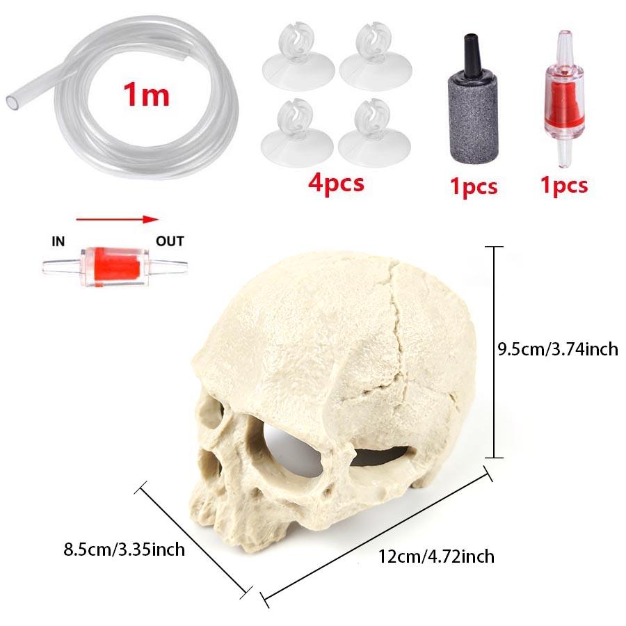1 Sett Resin Skalle Akvariedekor – Fiske-, Reke- og Reptilavlsgrotte med Innebygd Boblestein for Oksygenering | Halloween Akvariepynt