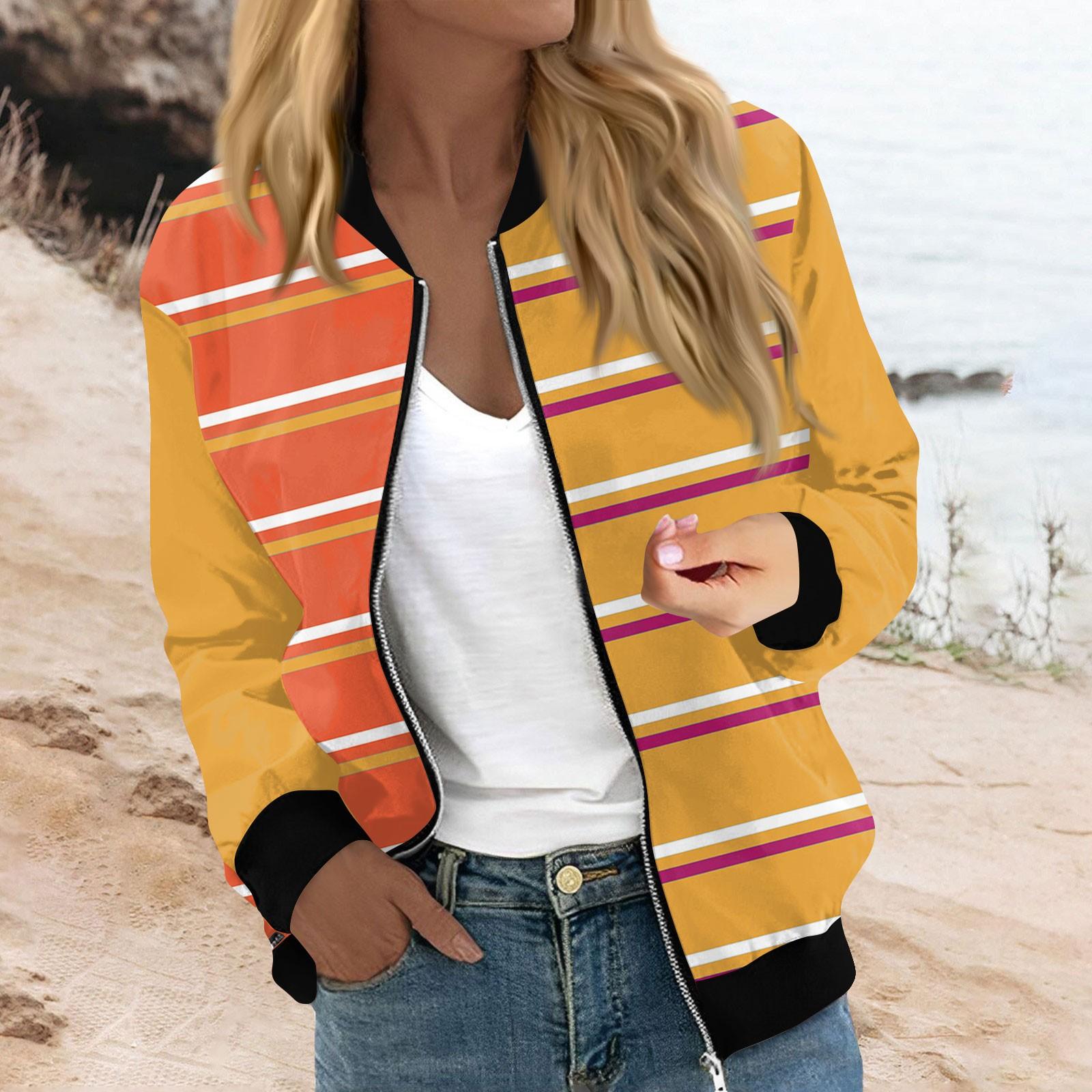 

Женская модная повседневная полосатая куртка с принтом в стиле пэчворк на молнии с карманами S оранжевый