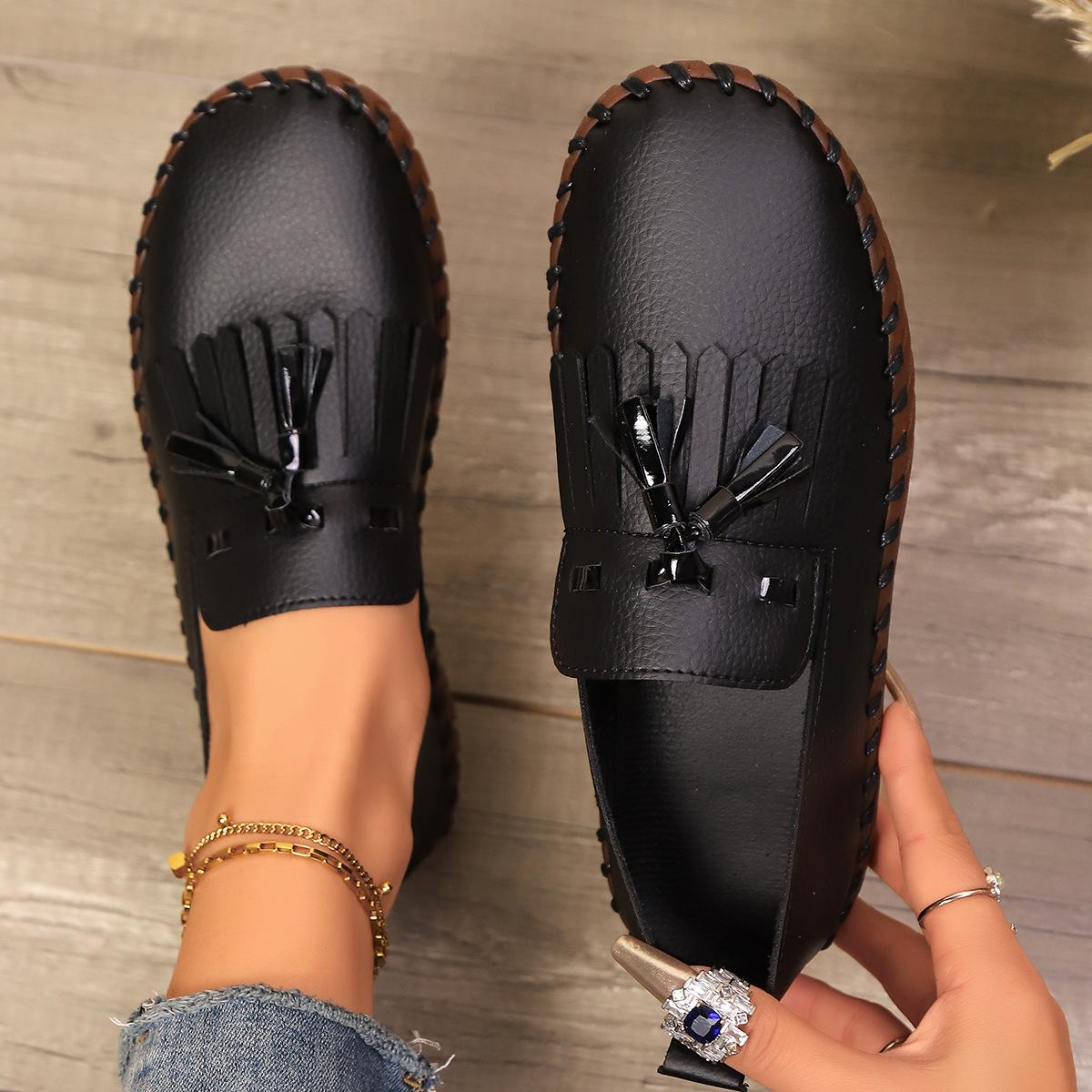 

Модные лоферы с кисточками, подошва ручной работы, круглый носок, повседневные одинарные туфли, женские туфли на мягкой подошве, однотонные, на одной педали, большого размера 43 чёрный