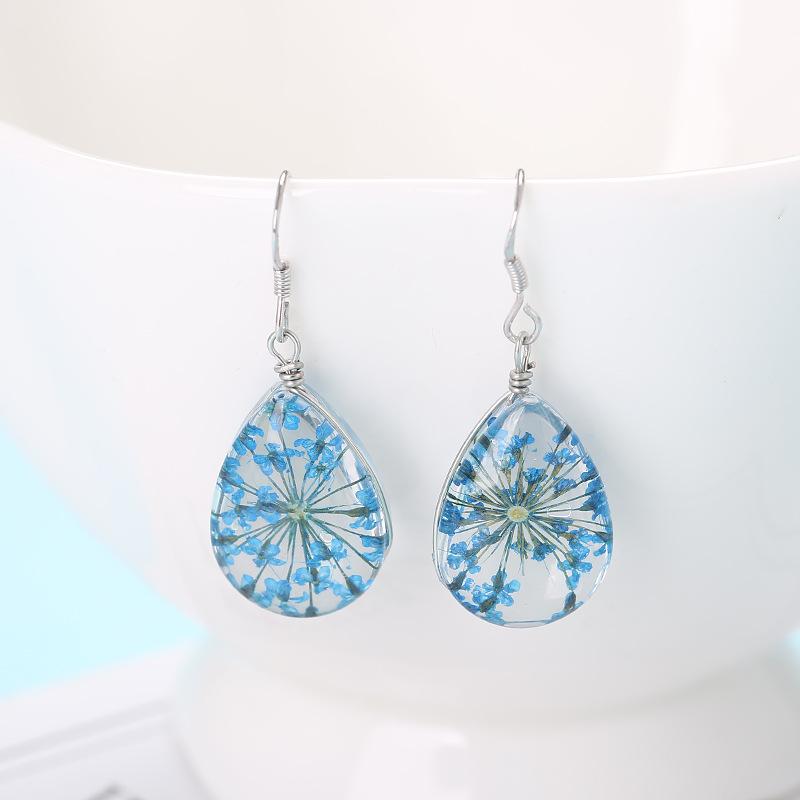 Original Hand-Wound Water Drop Dried Flower Specimen Earrings Qingren, Student Gift E88