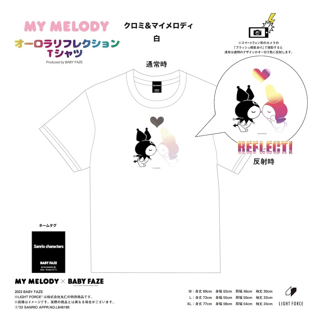 Phase Sanrio Short Sleeve Kuromi My Melody Aurora Reflection LIGHT Patented Photogenic [Baby Co., Ltd.] T-shirt, Clothing, & T-Shirt, White, Women's,