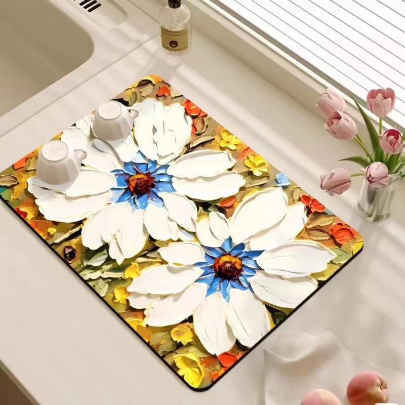 Oil Painting Style Floral Water-Absorbent, Stain-Resistant Kitchen Mat – Heat Insulation, Wear-Resistant, Easy-Clean Draining Mat