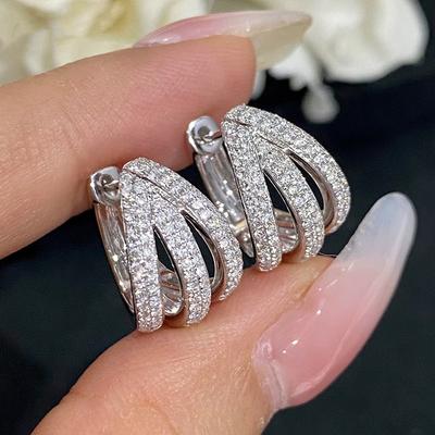 Delicate Round Geometry Hollow White Stone Earrings for Women Silver Color Party Hoop Earrings Jewelry