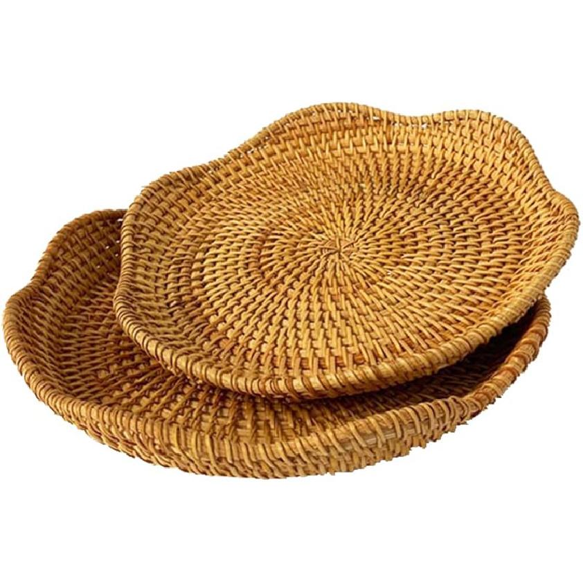 Hand-Woven Rattan Fruit Tray Storage Bread Basket Serving Tray Home Decoration Food Serving Platter 2 Pieces