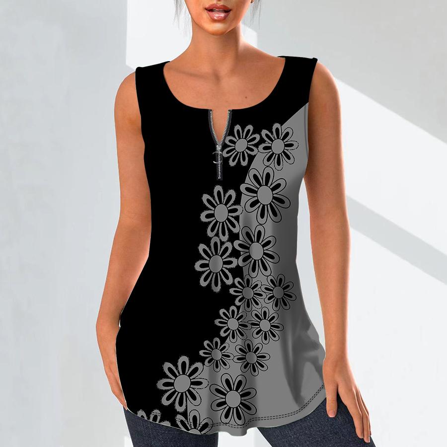 Women's Fashion V Neck Shirts Casual Tops T-shirt Ladies 3D Graffiti Flowers Print Vest Plus Size Sleeveless Blouse Tank Tops