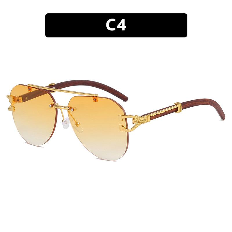 Leopard toad glasses sunglasses wood grain legs double beam frameless trimmed sunglasses European and American fashion trendy sunglasses retro