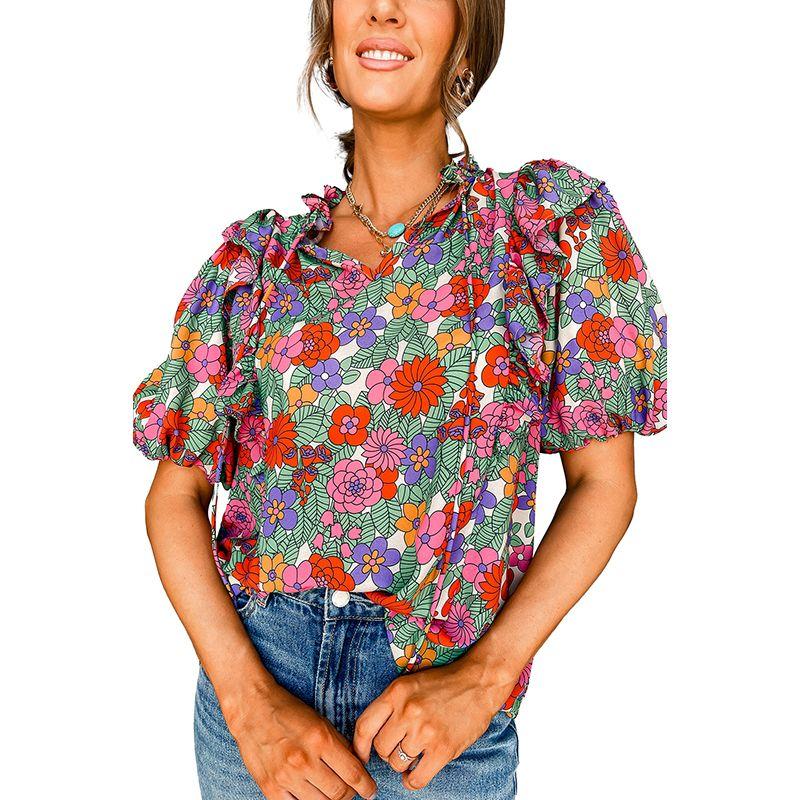 

Fashion Plant Florals Print Short Sleeve Shirt Women 2024 Summer Thin Loose V Neck Three Quarter Sleeve Pullover Women Red Print P322 Size XL fit (70.00 kg-75.00 kg