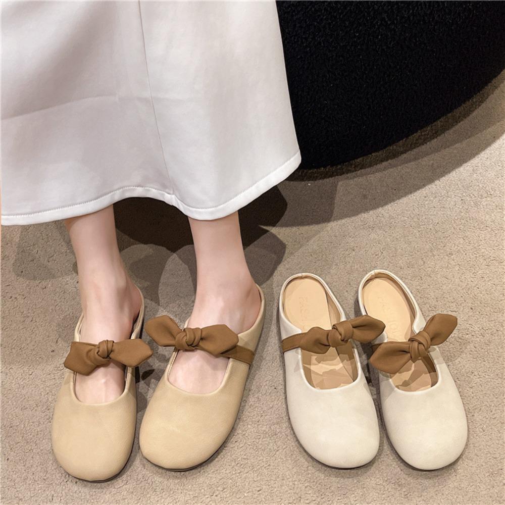 Fashion Ladies' Slippers Summer Outdoor Wear Bow Flat Slippers Women Sandals New Style French Gentle Baotou Half Slippers for Women