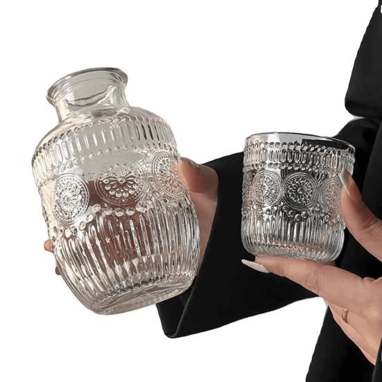 Wasserkaraffe und Glas Set Vintage Nacht Trinkbecher Set Klares Nachttischglas Saftkrug für Wasser Tee Saft