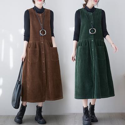 Autumn and Winter Retro Corduroy Suspender Skirt Women's Solid Color Temperament Single-breasted Sleeveless Vest Dress