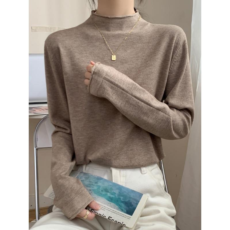 Spring black sweater women's high-end crimped inside knitted top semi-turtleneck temperament versatile bottoming shirt