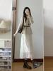 **Korean Autumn Casual Knitted Sweater & Mesh Midi Skirt Set In Tea Color**