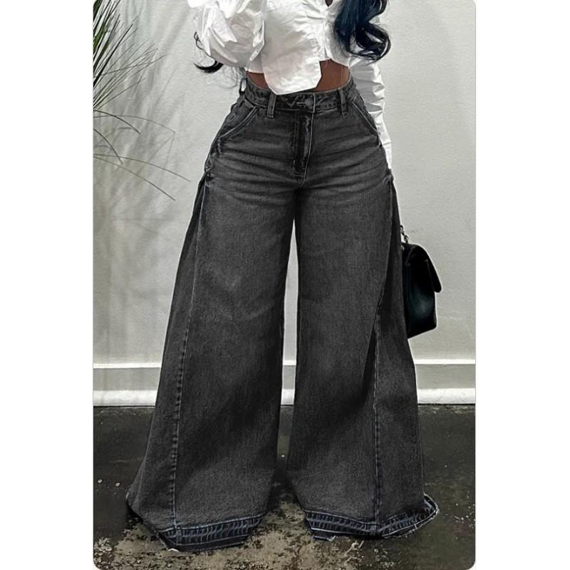 Womens Y2K Vintage Washed Baggy Denim Pants Wide Leg Flared Trousers Loose Fit Mid-Rise Cotton Jeans
