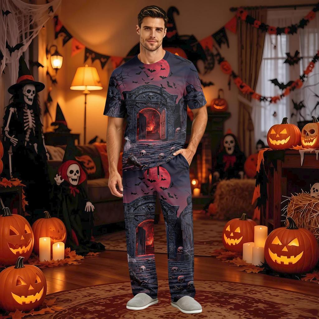 Men's Pajama Set Short Sleeve Top and Long Pants with Button Crotch and Elastic Waist Drawstring