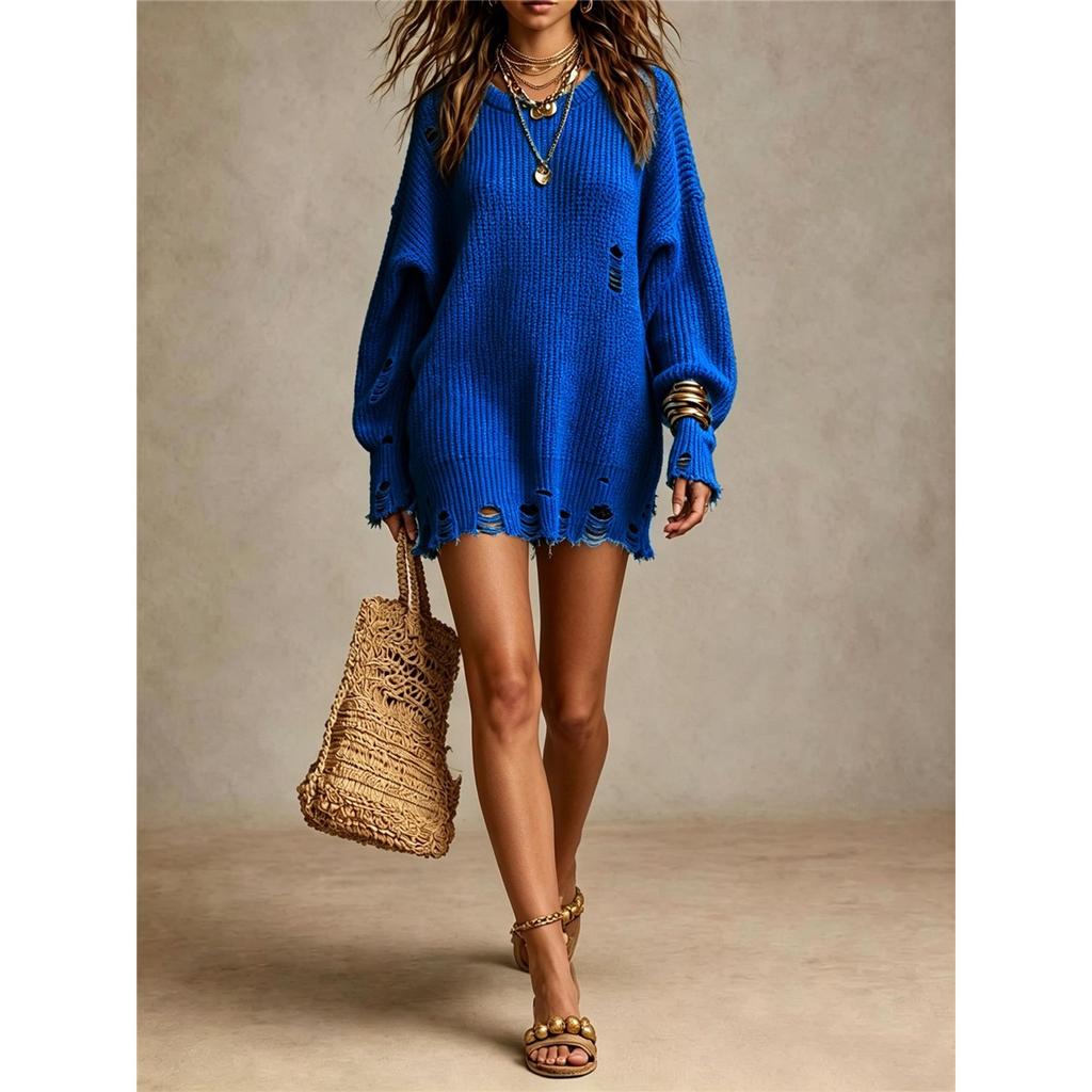 Damen Langarm Tunika Pullover Used Look Rissige Löcher Oversized Locker Gestrickt Jumper