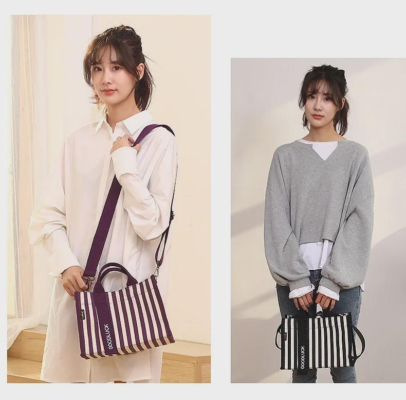 Drezm Korean Crossbody Tote - Small Square Canvas Striped Bag for Women