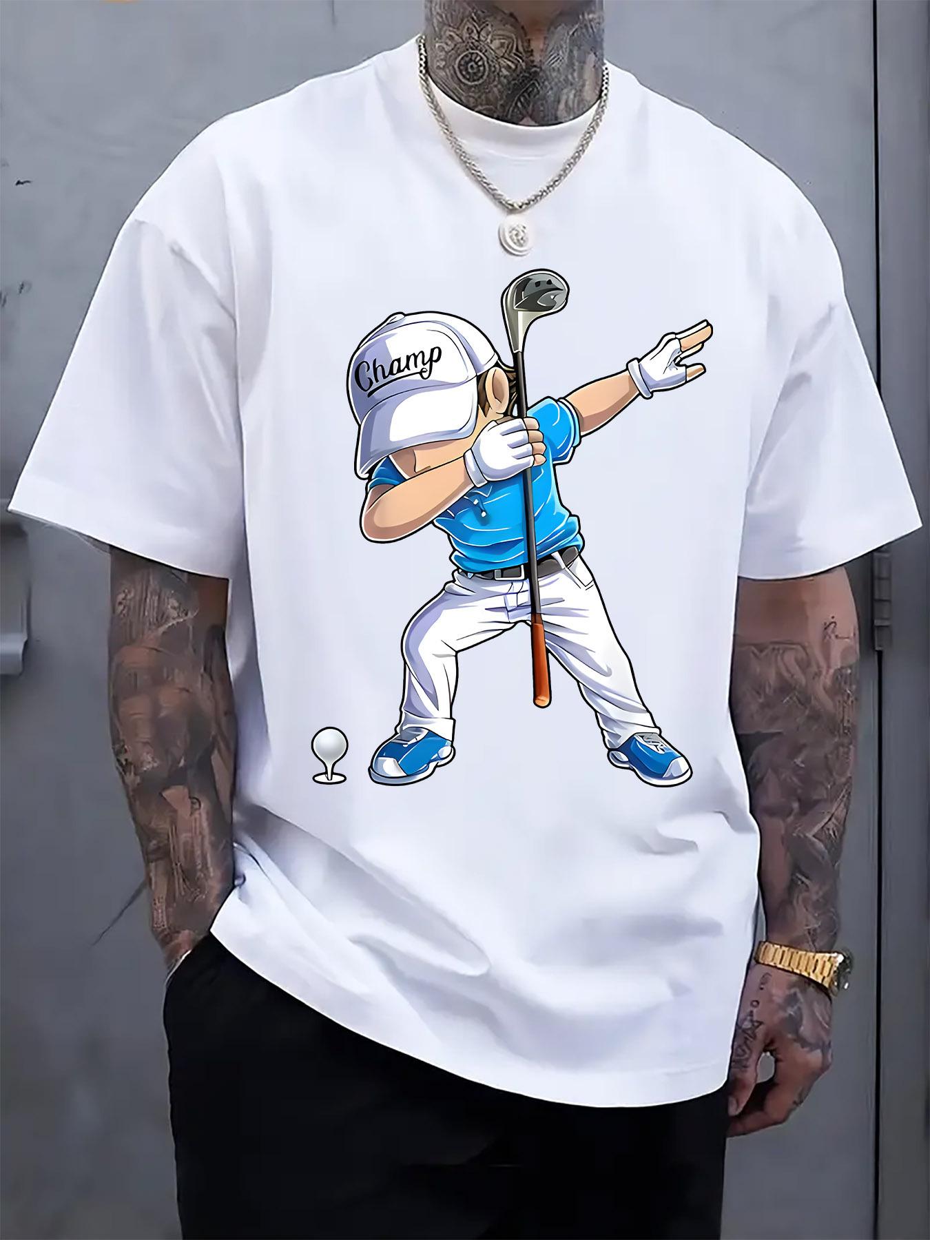 Cartoon Golf Graphic T-shirt - Casual Crew Neck Short Sleeve Tee with Playful Blue Character Design L